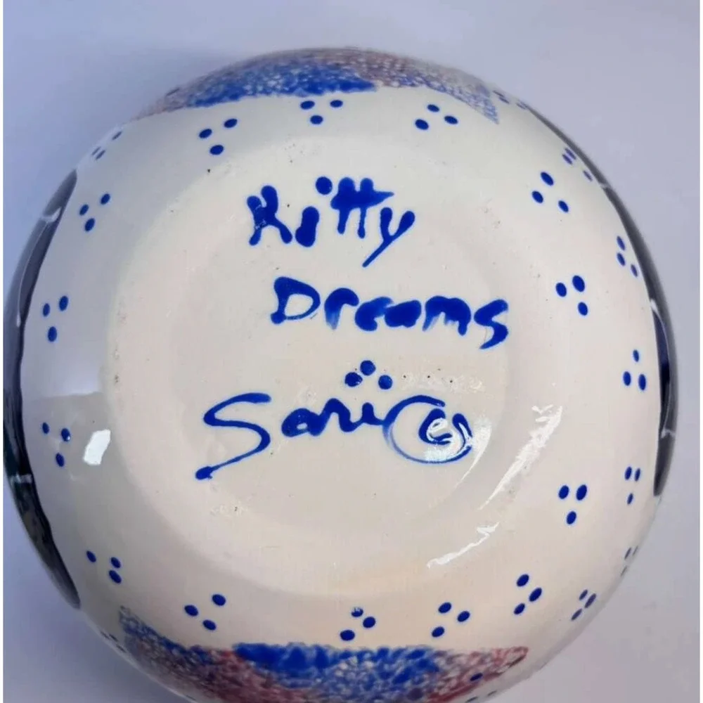 Kitty Dreams Signed Sari Art Pottery Cat Cookie Jar Hand Painted 9.5